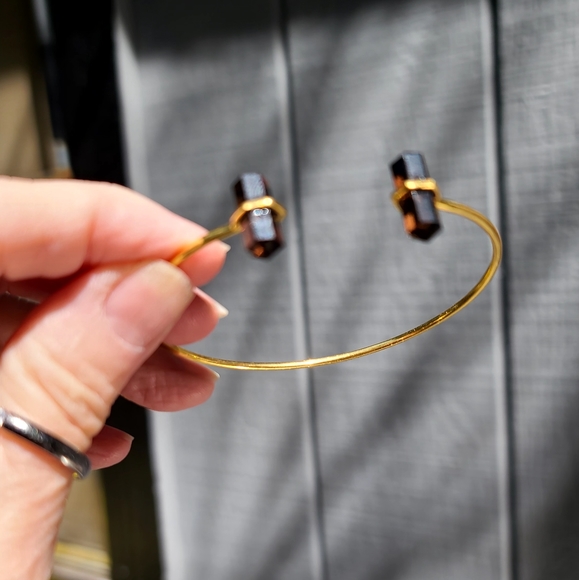 Smokey quartz dual points gemstone sterling &gold dramatic bangle bracelet - Picture 3 of 7